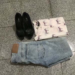 Combo of  jeans , blouse and peep toe heels